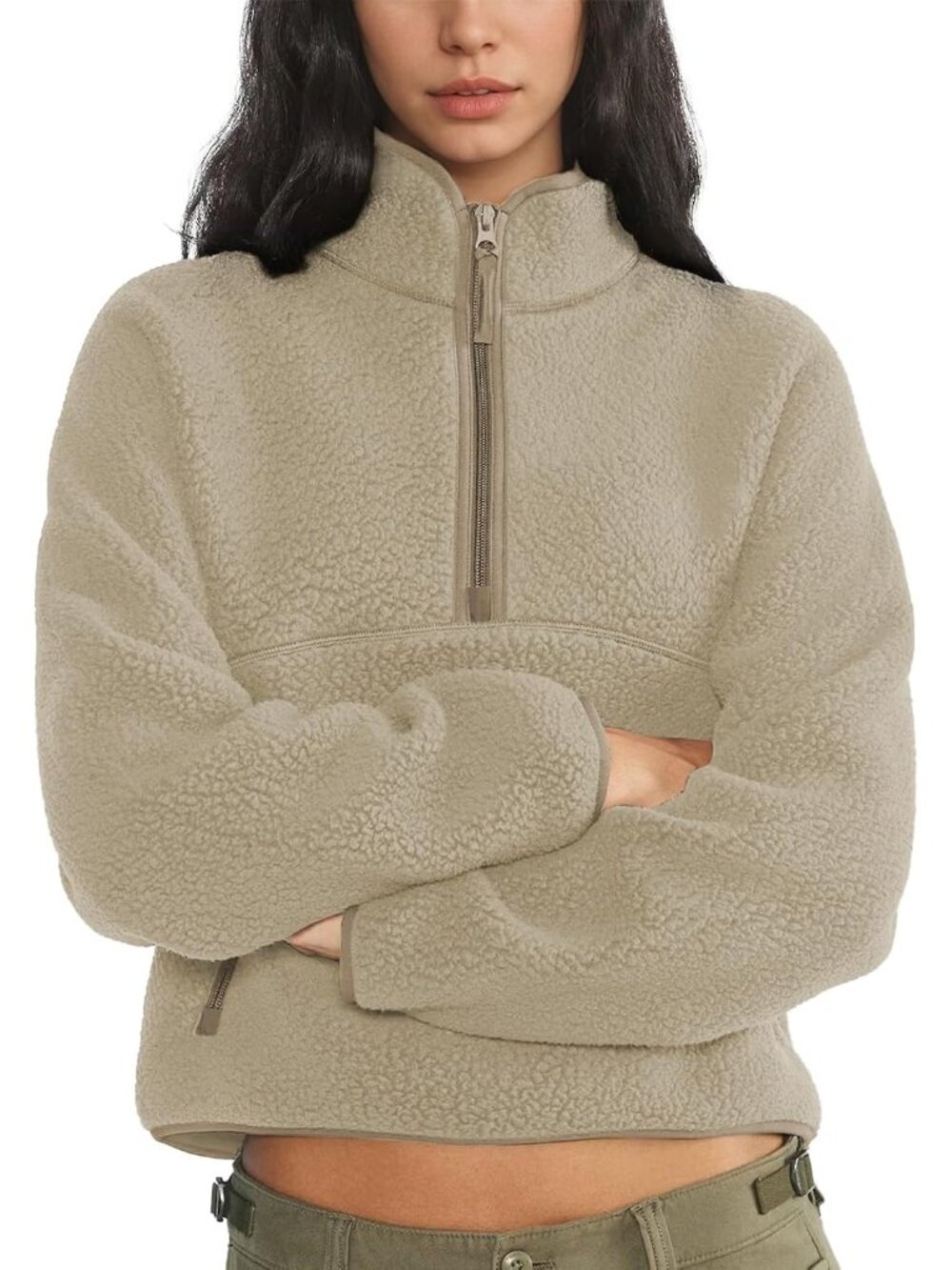 Women Khaki 100% Polyester Mock-neck Fuzzy Sherpa Fleece Quarter Zip Sweatshirt